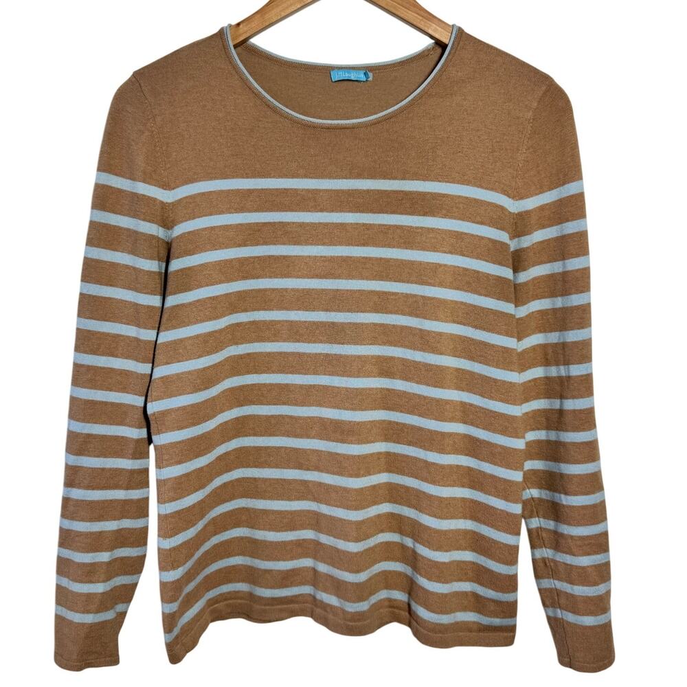 J. McLaughlin Lightweight POET Sweater Women M Tan Blue Coastal Preppy Minimal